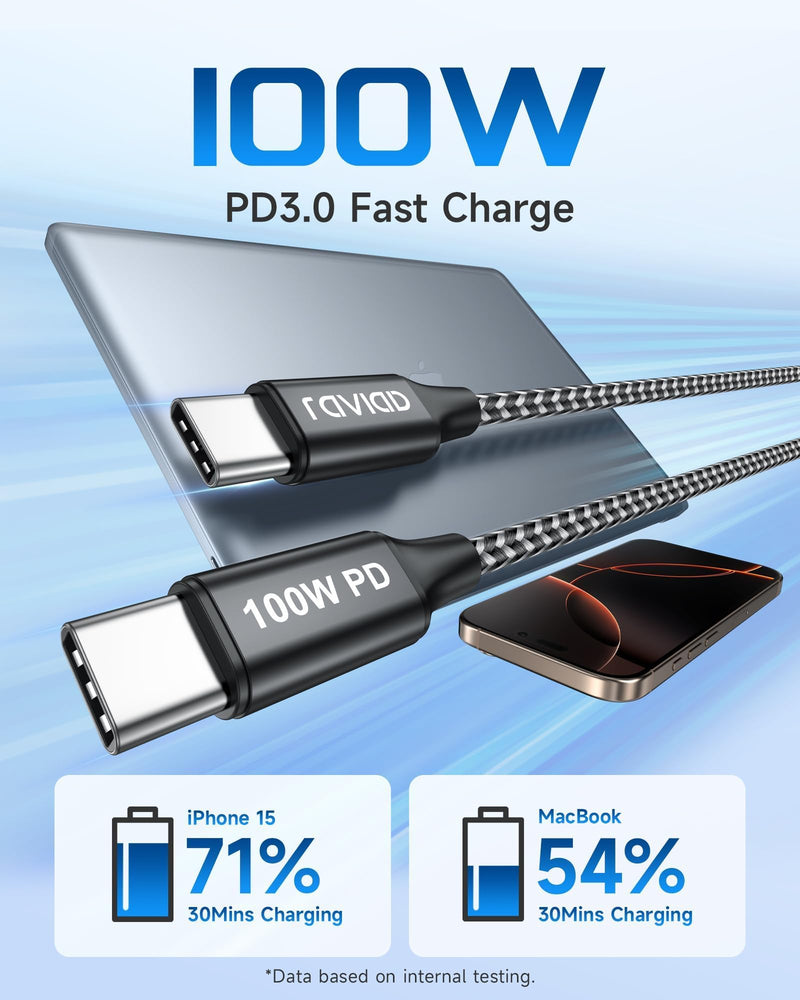 Raviad USB C Cable Short [Pack of 2 0.5 m] 100 W Charging Cable USB C PD 3.0 | Fast Charging USB C to USB C Cable for iPhone 17 16 15, Samsung Galaxy S25 S24, Huawei, Pixel, MacBook, iPad Pro Air black