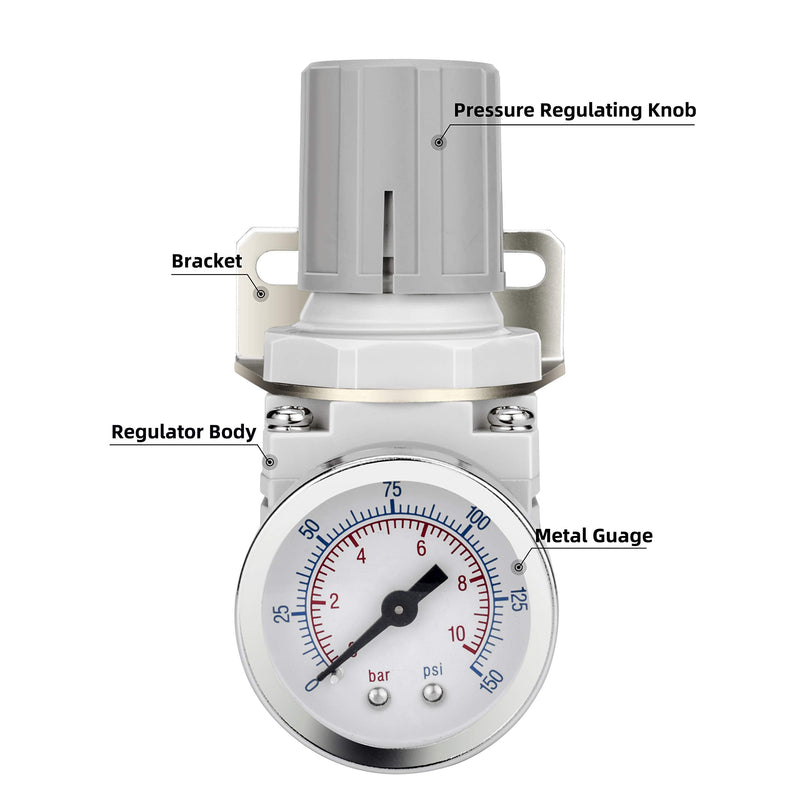 [Australia - AusPower] - NANPU 1/4" NPT Air Regulator for Compressed Air System, 150 psi Steel-Protected Gauge 