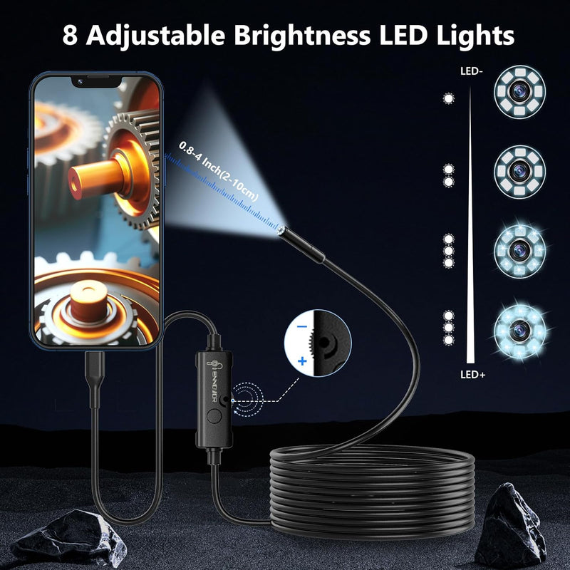 [Australia - AusPower] - 1920P HD 16.4ft Endoscope Camera with 8 LED Lights, iOS & Android Interface for Phones & Tablets, IP67 Waterproof Borescope, 7.9mm Semi-Rigid Inspection Camera for Drain Pipes, Car Engines, Walls 