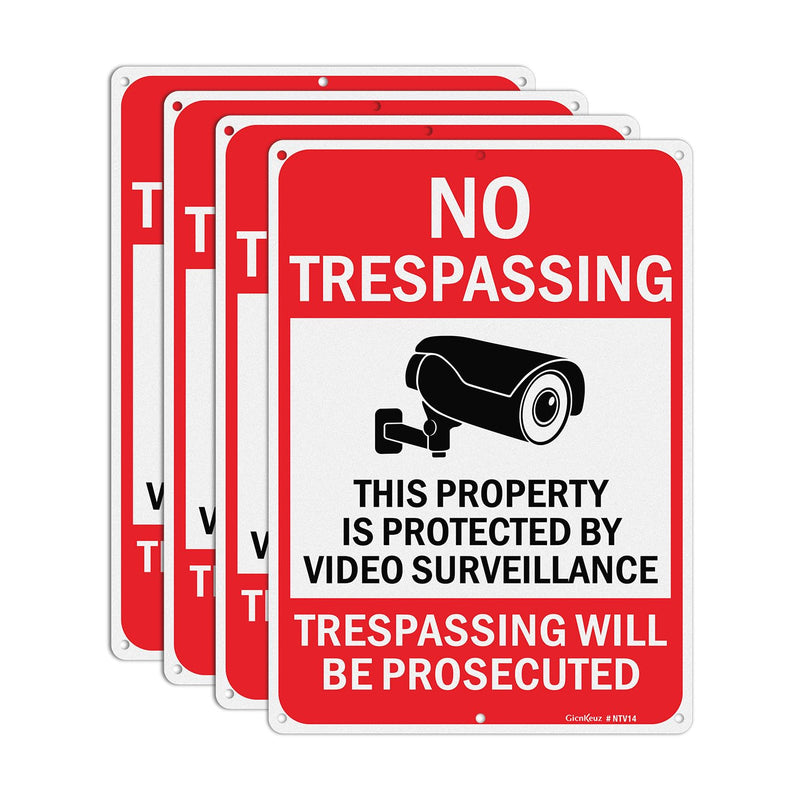 Large Video Surveillance Signs, 14x10 Inches No Trespassing Sign Private Property Sign, Reflective Aluminum, Fade Resistant,Indoor or Outdoor Use (4-Pack) 4 Pack
