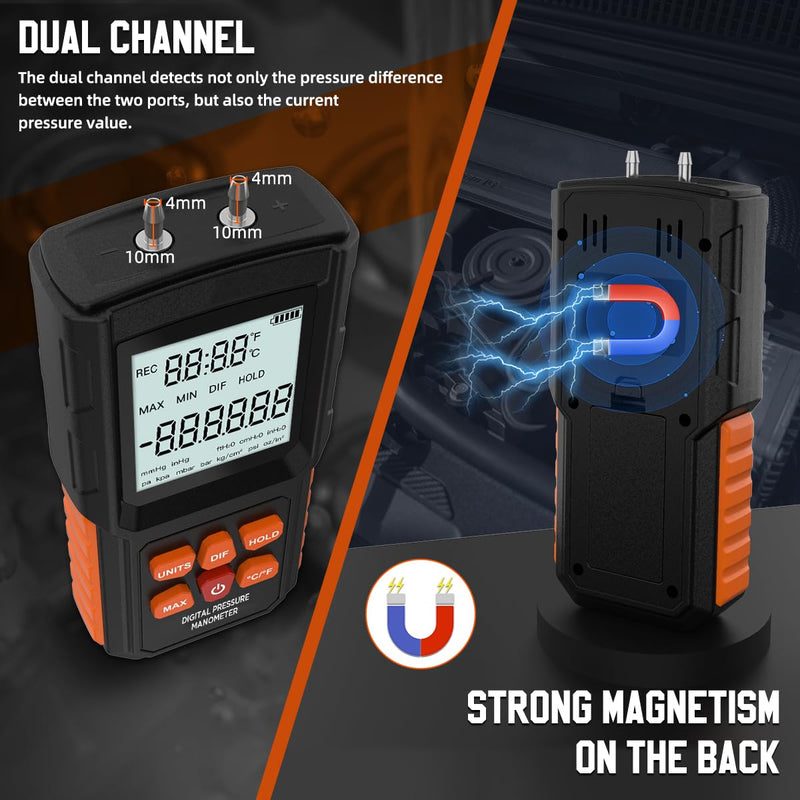 [Australia - AusPower] - Manometer, ±100 KPa Digital Manometer HVAC 12 Units Gas Pressure Tester ± 0.15% FSO Accuracy Updated Manometer with More Accessories 