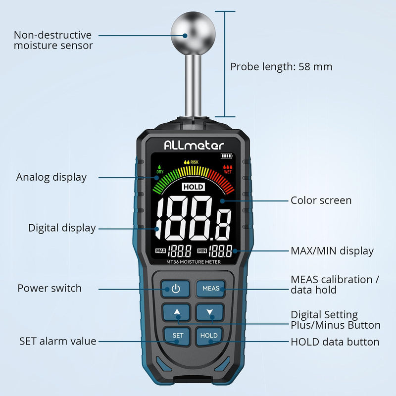 [Australia - AusPower] - Upgraded Spherical Moisture Meter,5-40mm Pinless Moisture Detector with Color LCD,Hold & Max/Min,for Wood,Concrete,Walls,Masonry,Plaster,Ideal for Homeowners and Construction Professionals 