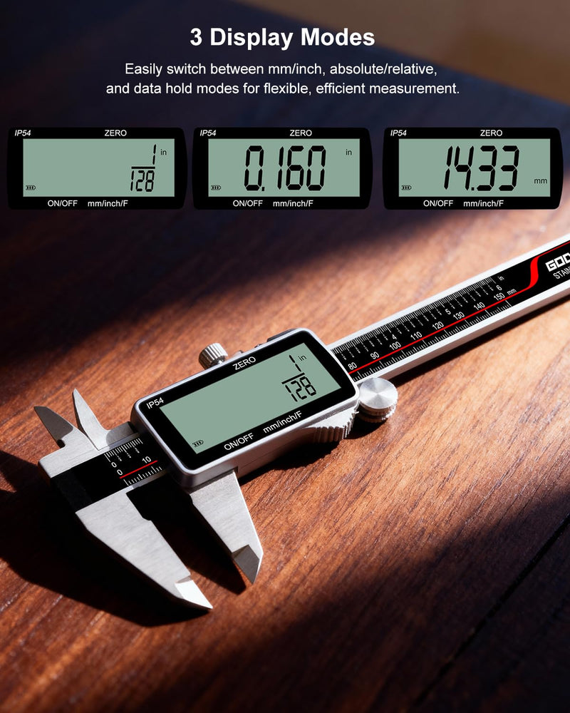 [Australia - AusPower] - GODESON Digital Caliper, Rechargeable Digital Micrometer-IP54 Waterproof, Stainless Steel & Large LCD Screen Caliper Measuring Tool-Inch/Metric/Fraction,6" Calipers-Auto Off for Pros & DIYers 