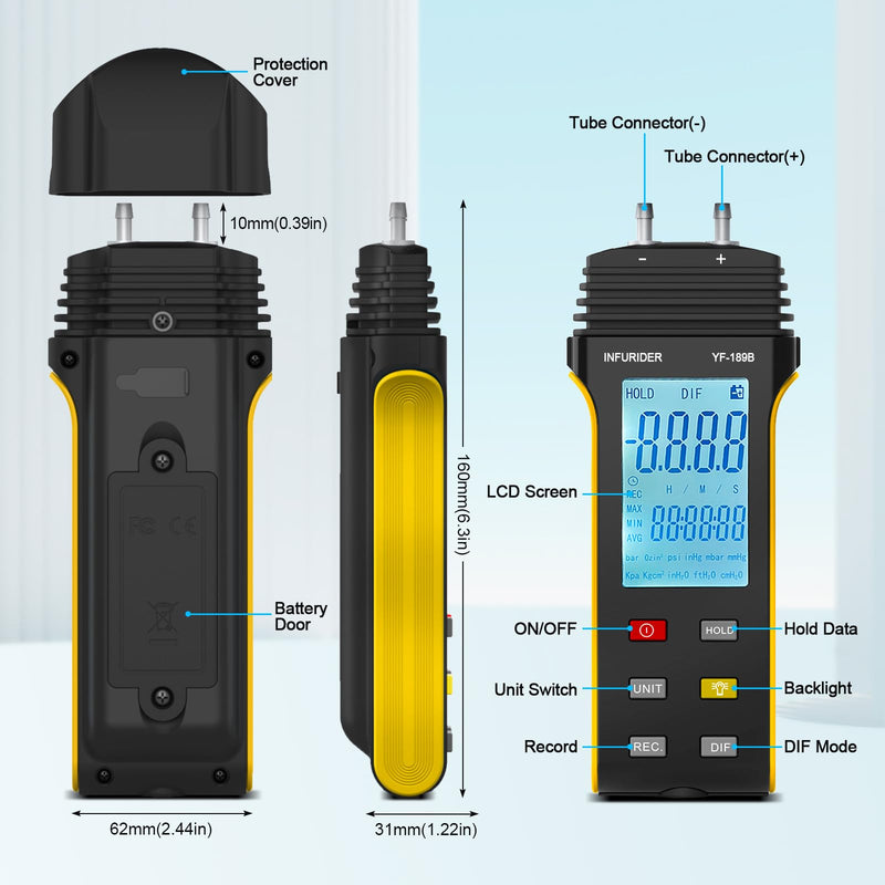 [Australia - AusPower] - Manometer, HVAC Digital Manometer Gas Pressure Tester, Handheld Air Pressure Meter, 11 Optional Units Differential Pressure Gauge YF-189B with Backlight, Data Hold Function… 