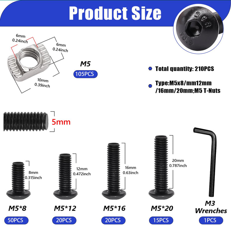 [Australia - AusPower] - Taiss 210PCS M5 T-Nuts Screws Kit,Hammer Head T Slot Nut for 2020 Series Aluminum Extrusion,M5 Button Head Socket Cap Head Screws,Nut and Screw Kits 210PCS T-Nuts Screw Kit 