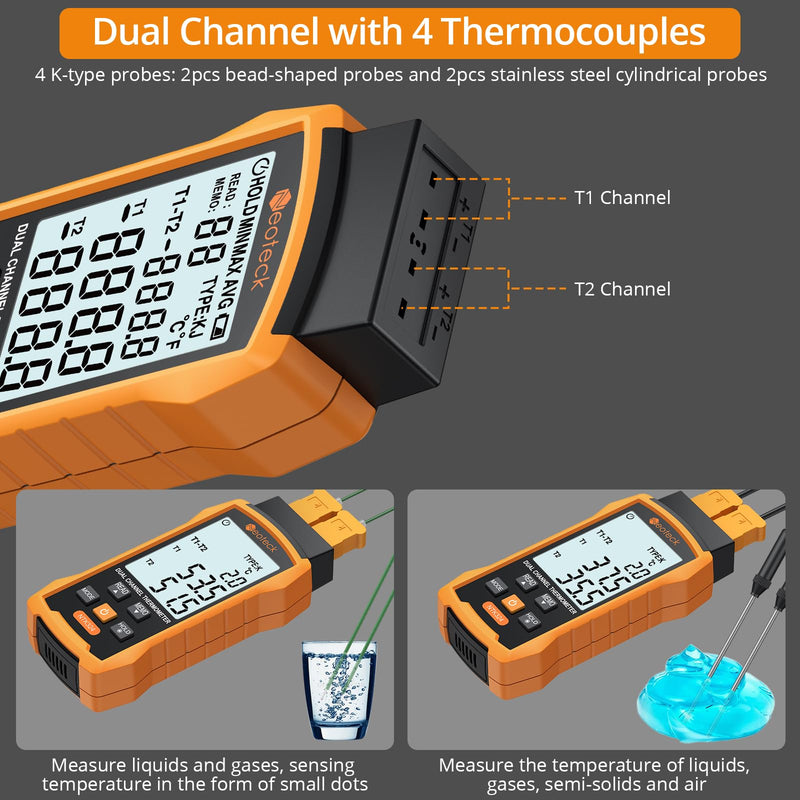 [Australia - AusPower] - Neoteck Digital Thermocouple Thermometer -50~700℃High-Precision Dual Channels with 4 K-Type Thermocouples Data Storage and Retrieval Widely Used in HVAC, Automobile,Electrical Maintenance etc. 