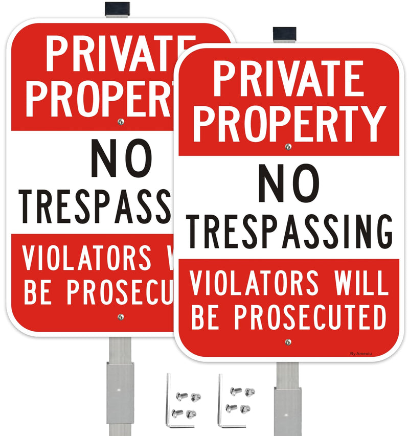 Large (2 Pack) No Trespassing Sign Private Property, 10 x 14 Inches Metal Signs Includes 36" Alloy Long Stake for Easy Installation, Rust-Free& Fade Resistant 10" x 14" with stake