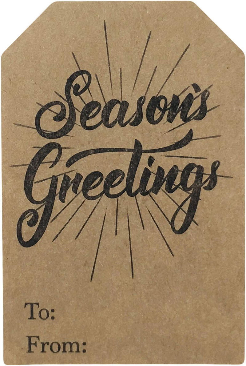 Season’s Greetings Gift Tags – 2 x 3 Inch Natural Kraft Holiday Stickers – 100 Adhesive Labels with 4 Festive Designs – Eco-Friendly and Made in USA