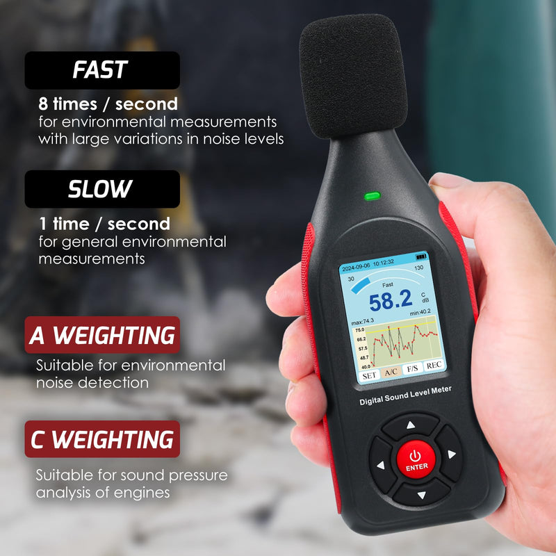 [Australia - AusPower] - Decibel Meter, Data Logger, Digital Sound Decibel Meter, Sound Level Meter with 43,000 Records and Export, Rechargeable Noise Meter with A/C Frequency and DC Output with Alarm 