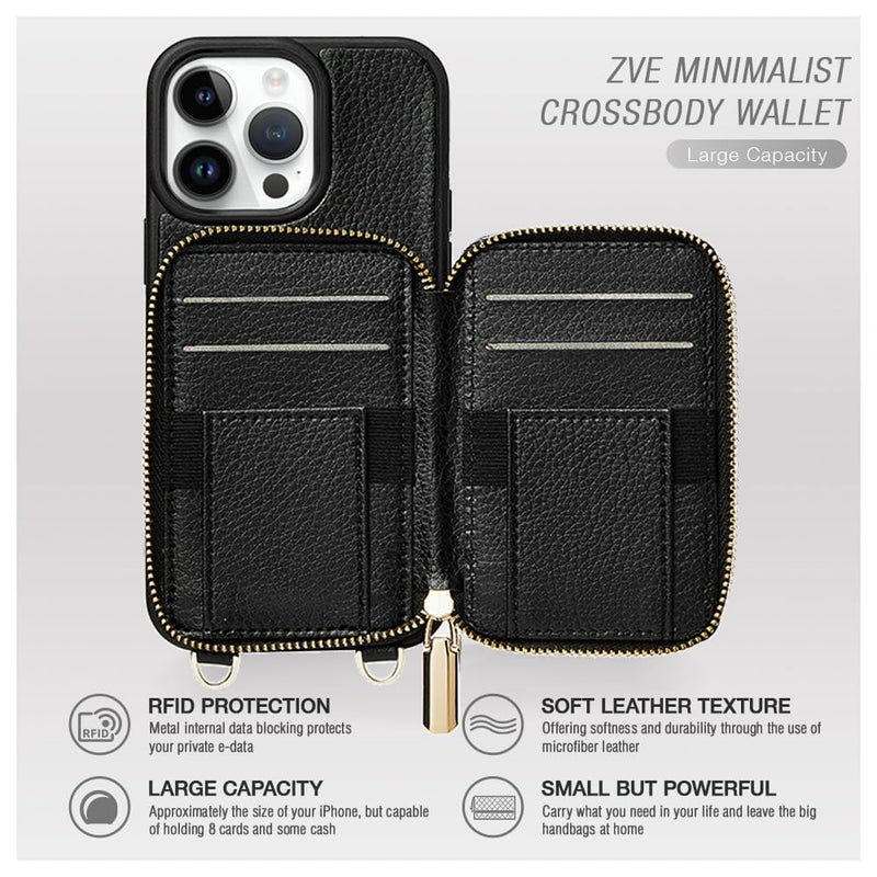 [Australia - AusPower] - ZVE iPhone 13 Pro Max Crossbody Wallet Case, Card Holder Phone Case for Women, Zipper Leather Purse with Wrist Strap, RFID Blocking Cover Gift for iPhone 13 Pro Max (6.7 inch, 2021)- Black iPhone 13 Pro Max, 6.7" 