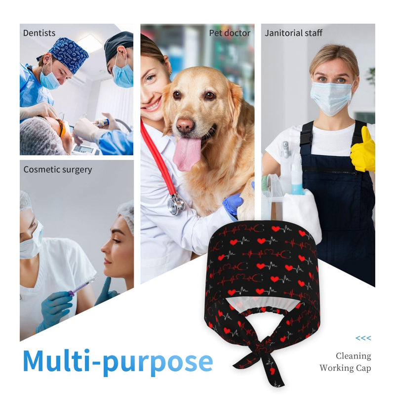 [Australia - AusPower] - Electrocardiogram Heart Bouffant Scrub Caps Nursing Working with Sweatband Adjustable Surgical Hats Stethoscope Heart 