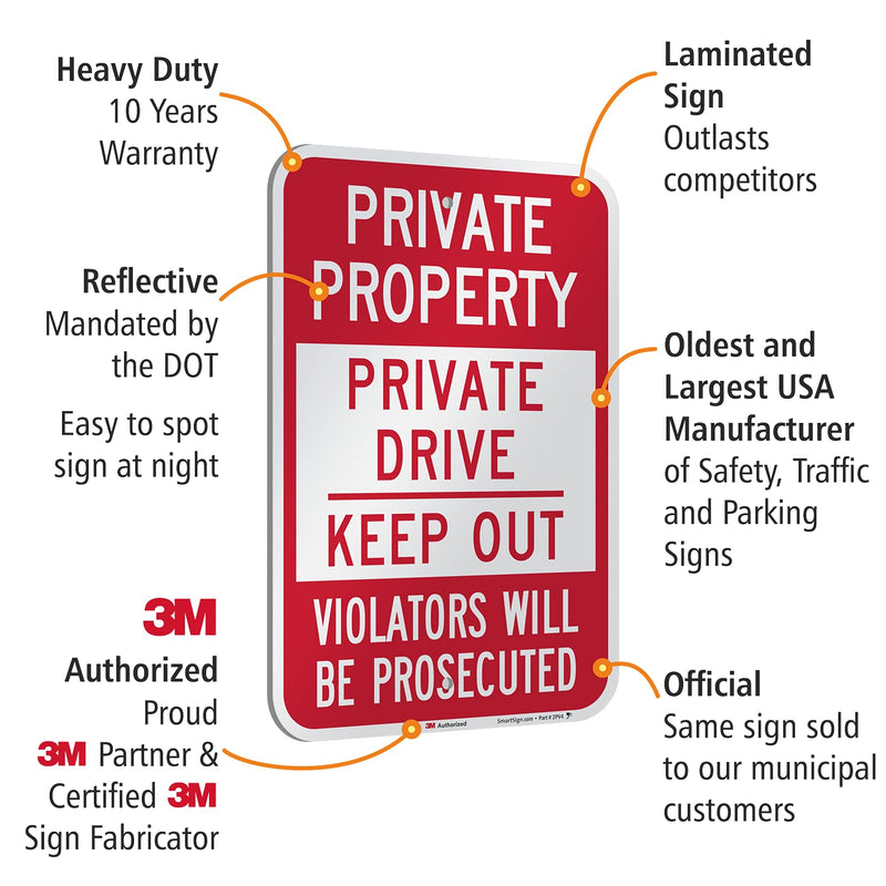 SmartSign Private Drive Sign, Private Property Sign, 12 x 18 Inches 3M Engineer Grade Reflective Aluminum, Weather Resistant