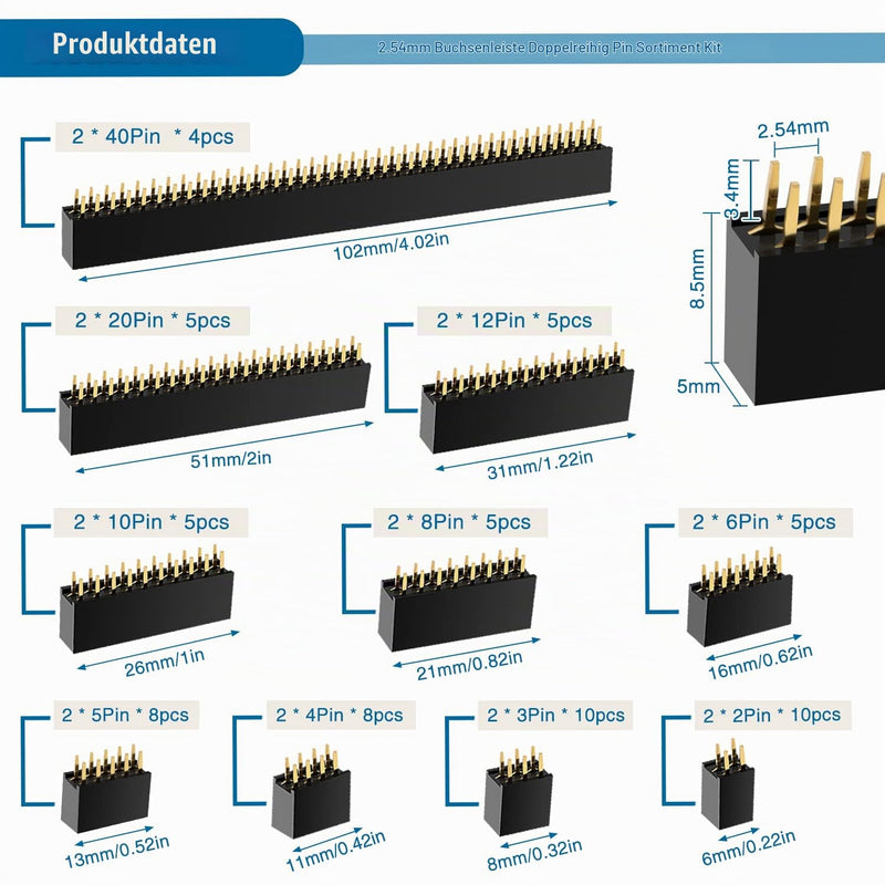 VooGenzek Pack of 65 2.54 mm Female Pin Header Double Row Pin, Straight Single Row Board Female Pin Header Socket Connector Strip for Arduino Stackable Shield (2 x 2/3/4/5/6/8/10/12/20/40 Pin) 2/3/4/5/6/8/10/12/20/40 pin female