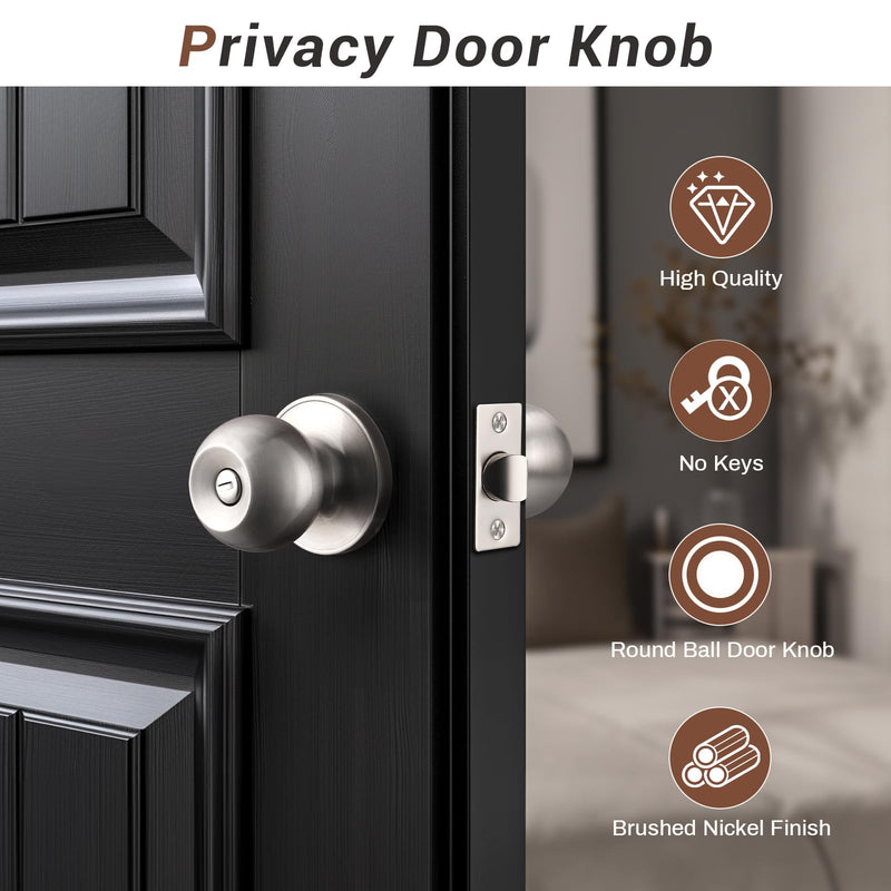 Knobonly 2 Pack Bedroom/Bathroom Satin Nickel Door Knobs Privacy Door Sets Hardware Interior Ball Shap Door Handles