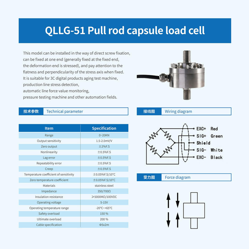 [Australia - AusPower] - Tie Rod Load Cell Sensor,Tension Compression Force Weight Pressure for Scale Sensor,High Precision ±0.2% Outer Diameter 51mm Height 71mm with 2m Cable Range (0-300KG) 0-300KG 