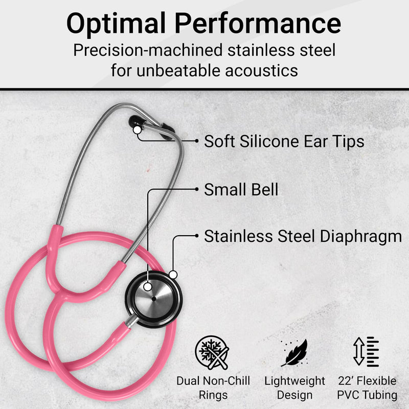 [Australia - AusPower] - Vive Precision Dualhead Stethoscope - Dual Head Diaphragm Bell for Nurses, ER, Cardiology, Veterinary, Fetal Pediatrics Blood Pressure Kit - Double Barrel Chestpiece Device For Doctors, Students 1 Count (Pack of 1) Pink 