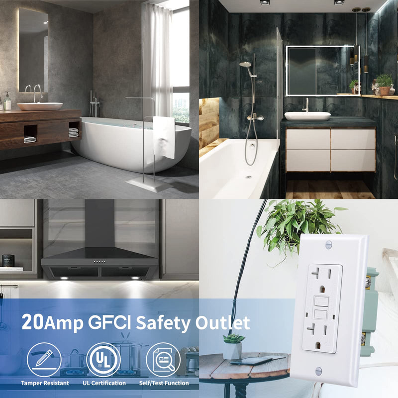 [Australia - AusPower] - 20 Amp GFCI Outlet, Tamper-Resistant GFI Receptacle with LED Indicator, Self-Test Ground Fault Circuit Interrupter, Decorator Wall Plates and Screws Included, UL Listed, White (1 PACK) 20A 1 Pack 