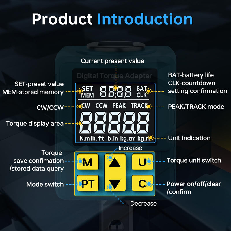 [Australia - AusPower] - Upgrade Digital Torque Adapter, (±1% Accuracy, 12.5-250Ft-lb), 1/2" Digital Torque Wrench Adapter for Car, Versatile Meter - Smart Alert | Peak/Track | Preset | Store/Delete, for Automotive(340N.m) 12.5-250Ft-lb/17-340 Nm 1/2-Inch 