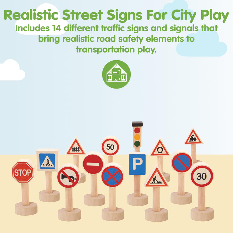 PlanToys® Traffic Signs & Lights Wooden Montessori Imaginative Play Set | Early Language, Social Skills and Real-World Awareness Activity | Eco Friendly Road Sign Learning Set for Meaningful Play