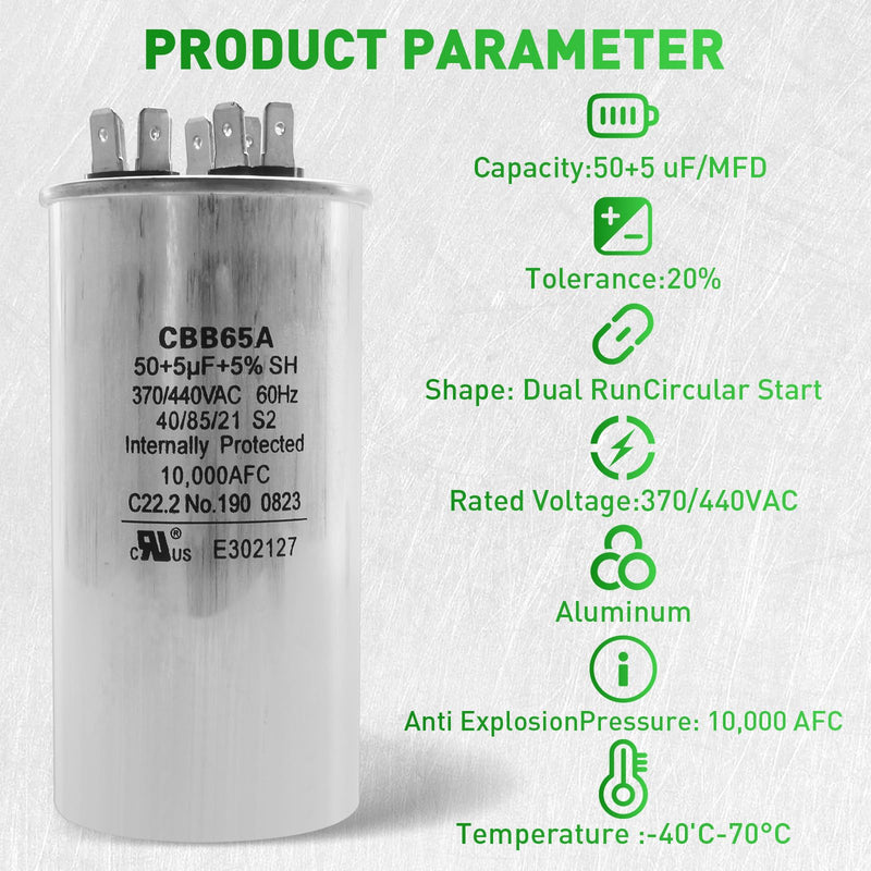 2025 Upgrade 3100248.487 CBB65A Capacitor - 50 + 5uF 370/440VAC 60Hz 10,000AFC Dual Run Circular Start for United States Standard AC Motors, Heat Pumps, Air Conditioning and RV Camper A/C