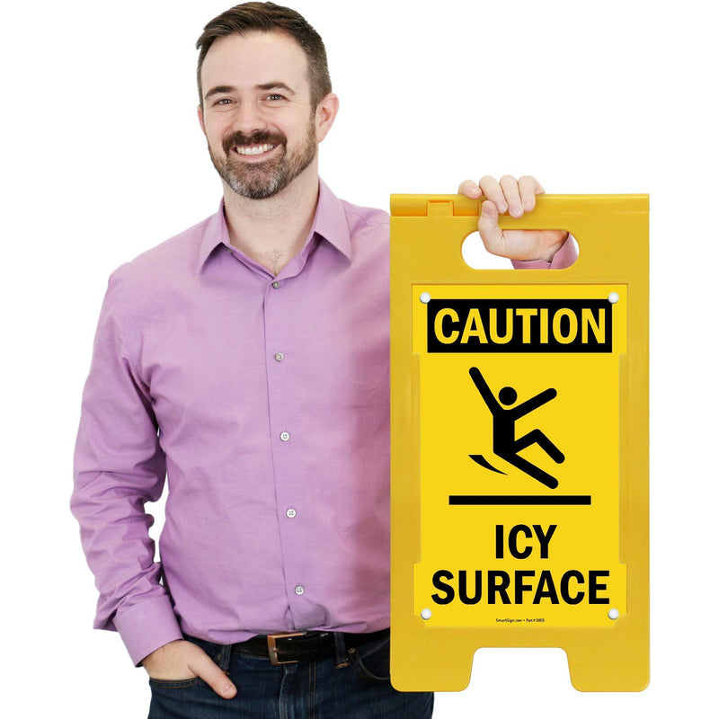 SmartSign 25 x 12 inch “Caution - Icy Surface” Two-Sided Folding Floor Sign with Symbol, Digitally Printed Polypropylene Plastic, Black and Yellow