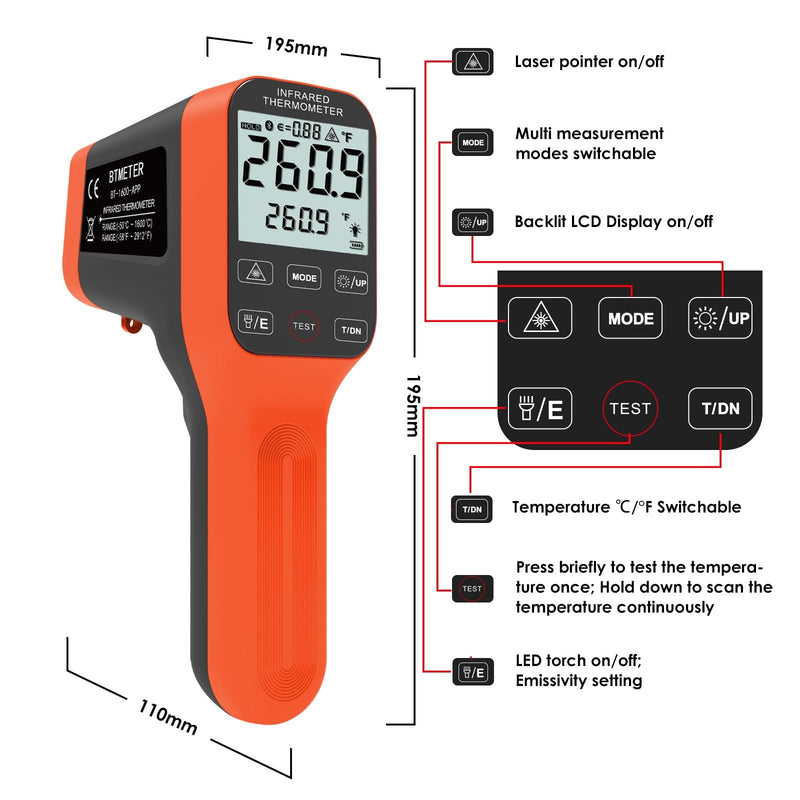 [Australia - AusPower] - Digital Infrared Thermometer Gun 30:1, BTMETER Dual Laser IR Temperature Gauge BT-1600APP Measure High Temp -58℉ to 2912℉ with Data Logging for HVAC Kiln Forge Oven Pizza Cooking(Not for Human) 