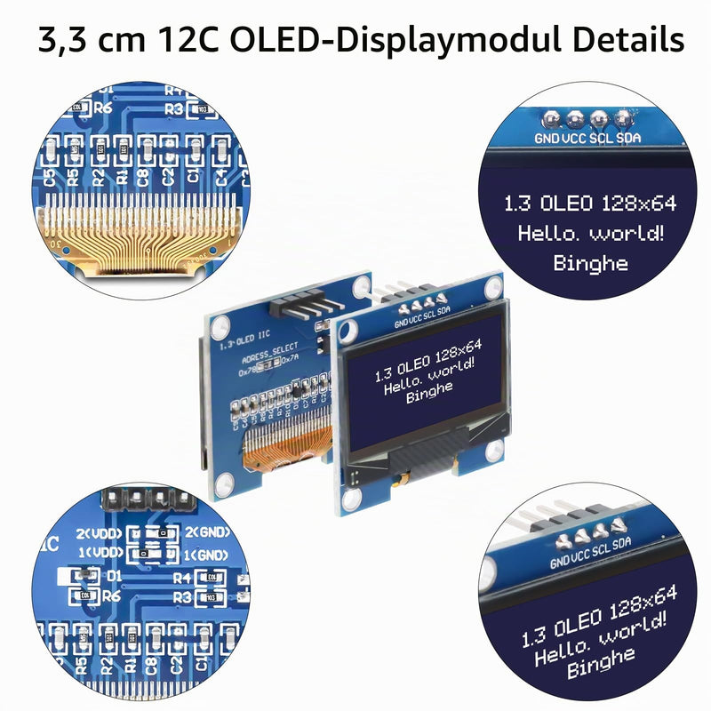 1.3 Inch OLED I2C Display Module Binghe 2 Pieces 1.3 Inch LED OLED Display I2C IIC OLED Display with 1106 Chip 128 x 64 Pixel I2C Screen Display Module with White Characters Compatible with Arduino