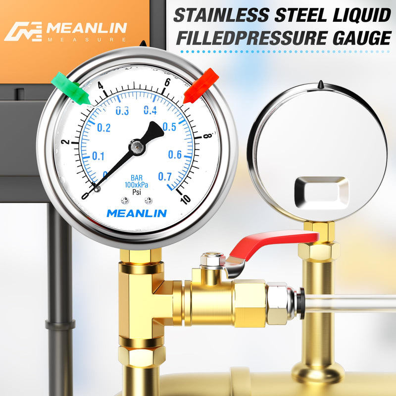 [Australia - AusPower] - MEANLIN MEASURE 0~10Psi Liquid Filled Pressure Gauge 1/4" NPT 2.5" FACE DIAL Stainless Steel Glycerin Filled WOG Water Oil Air Lower Mount (with 2PCS Snaps) 0-10Psi 