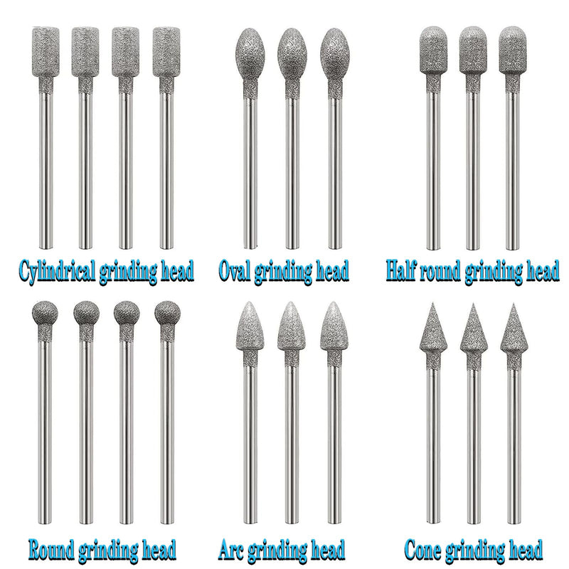 Diamond Cutter Set, 20 Pieces Diamond Burr Grinding Pins for Dremel Rotary Tool Accessories with 1/8 Inch Shank for Stone Glass Ceramic Carving, Grinding, Polishing, Engraving