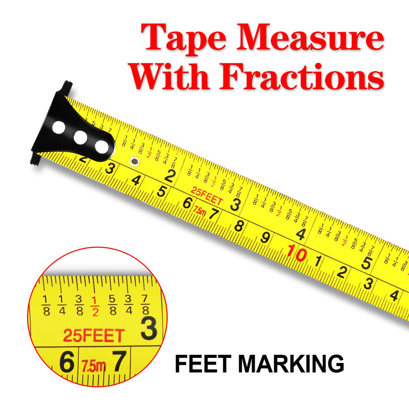 WISEUP Industrial Magnetic Tape Measure with Fractions 1/8 and Metric,Easy to Read,Measuring Tape with Belt Clip for Surveyors,Engineers,Household,Carpentry,Construction (1, 16 FT) (25 FT*2) 25 FT*2