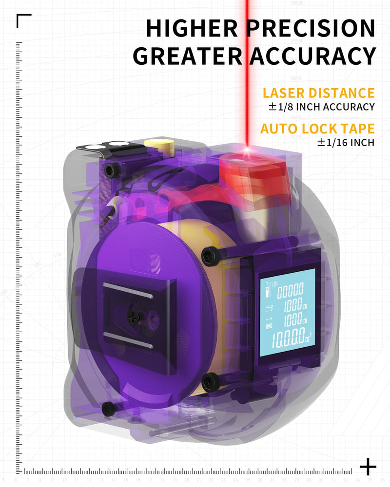 [Australia - AusPower] - 3 in 1 Digital Laser Tape Measure, 197ft/60m Laser Distance Meter, 16ft/5m Digital Tape Measure with Cross Line, AutoLock, ft/in/m Unit Switch, Measure Area, Volume, Pythagorean 