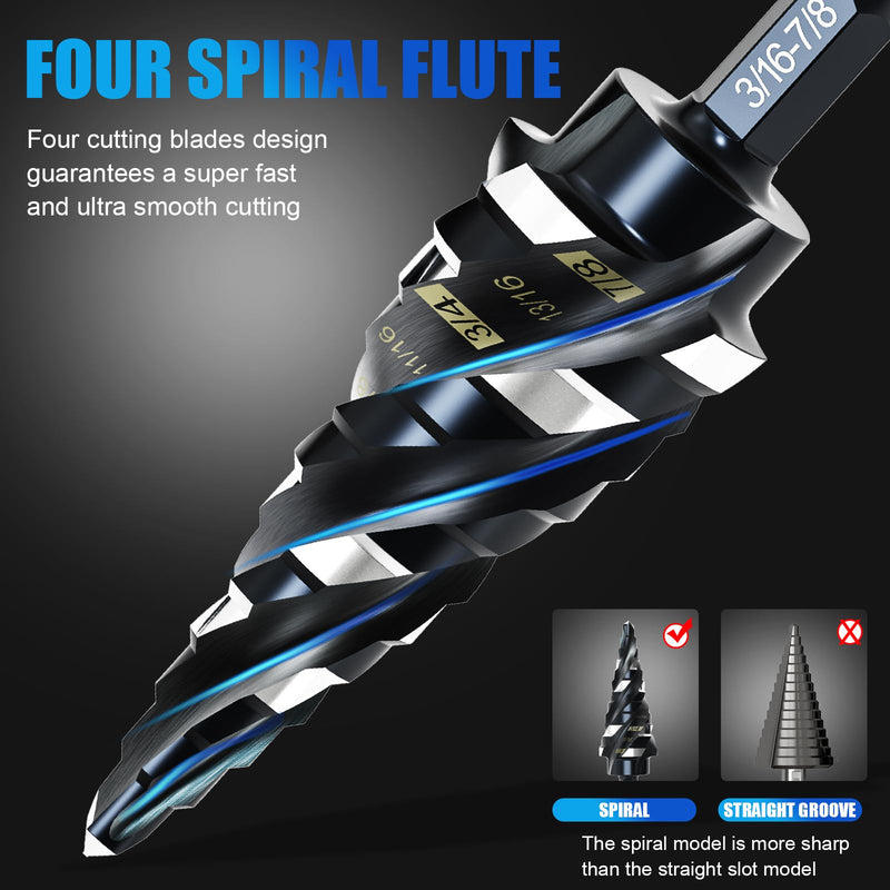 M35 Four Spiral Flute Step Drill Bit Set 1/8"-7/8"(3 pcs), 1/4" Hex Shank Unibit Step Drill bit, Impact Resistant M35 Cobalt Step Drill Bit, for Stainless Steel, Wood, Aluminum, Plastic Spiral 1/8"-7/8"
