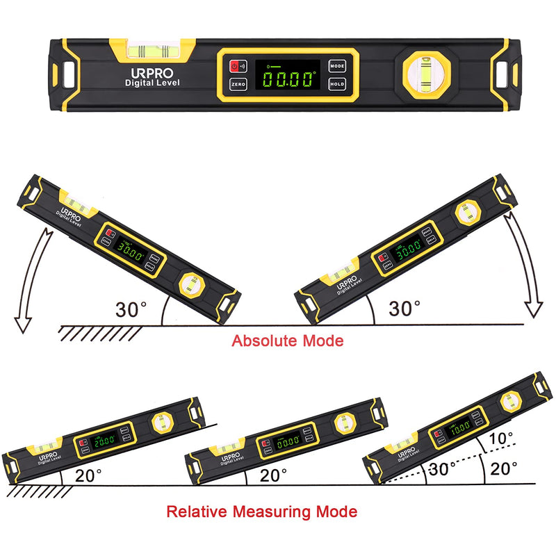 [Australia - AusPower] - URPRO Inclinometer, Digital Torpedo Level and Protractor Neodymium V-Groove Magnets Bright LCD Display Smart Level IP54 Dust/Water Resistant Black 