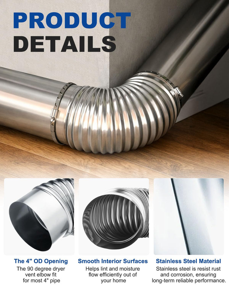 Rocaris 4 Inch 90 Degree Dryer Elbow Vent Tube with 4 Clamps and Aluminum Foil Tape, Stainless Steel Dryer Vent Elbow Connector for 4" HVAC Duct Pipe Ductwork (2PC) 2PCS