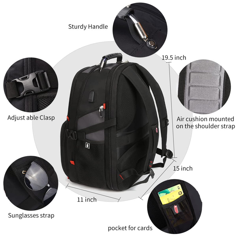 [Australia - AusPower] - SHRRADOO Extra Large 52L Travel Laptop Backpack with USB Charging Port, College Backpack Airline Approved Business Work Bag Fits 17 Inch Computer for Men Women Grey Travel Backpacks 