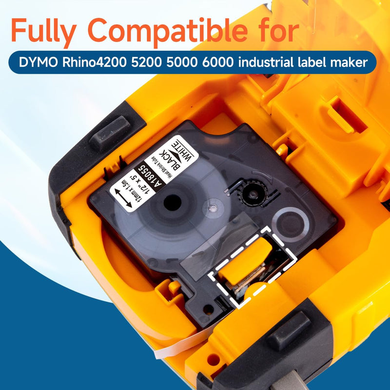 Compatible with DYMO 18055 Rhino 4200 1/2" Heat Shrink Tube Labels 12mm A18055 Use for DYMO Rhino 5200 5000 4200 3000 Industrial Label Maker, Black on White,1/2" x 4.9', 5-Pack 1/2‘’