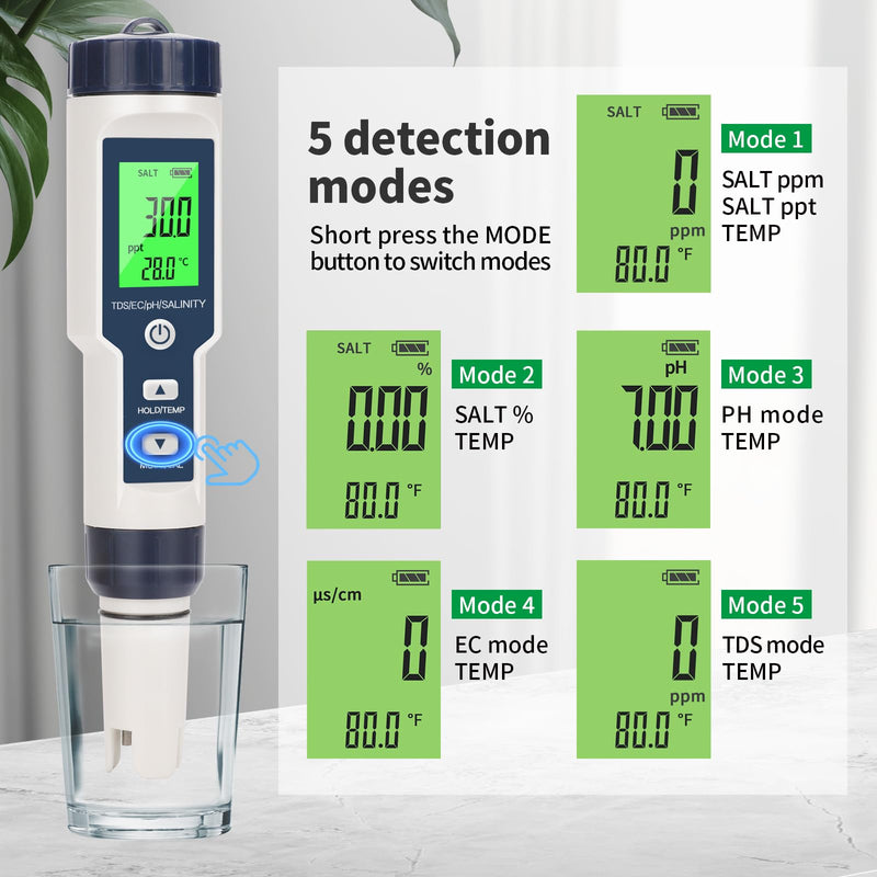 [Australia - AusPower] - 2025 New 5 in 1 Pool Salt Tester，Accurate and Reliable,Salt, pH Meter, EC, TDS, and Temperature，Digital Pool Water Tester，Salt Tester for Saltwater Pool,Used for Pool Salt and hydroponic Plants, etc 