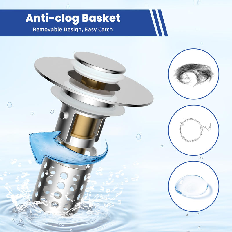 3PCS Universal Bathroom Sink Drain Strainer Hair Catcher, Chrome | Upgraded with Removable Stainless Steel Filter Basket, 3 in 1 Pop Up Sink Stopper for 1.1''~2.36'' Sink Basin Hole Chrome Finish