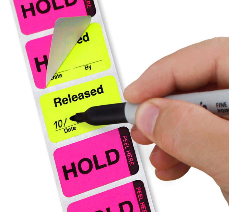 ChromaLabel 1 x 1.50 Inch Fluorescent Pink and Yellow Double Layer Quality Control Label, 250 per Dispenser Box, Imprinted: Hold, Released
