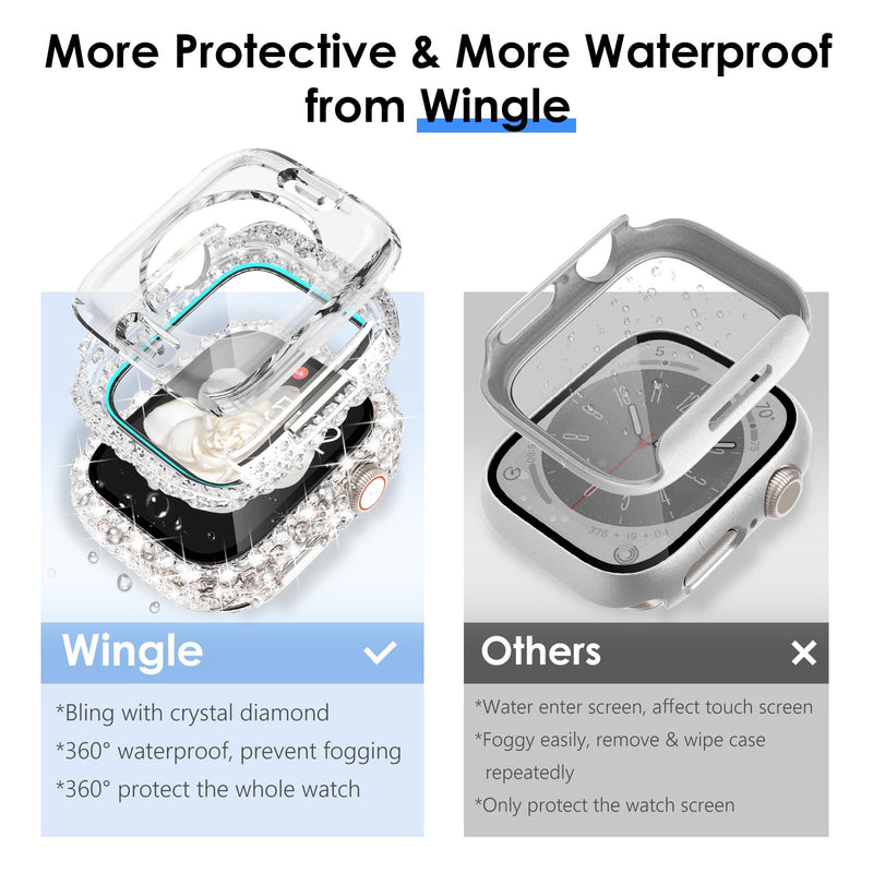 [Australia - AusPower] - Wingle 2 in 1 Waterproof Bling Case for Apple Watch Series 9 8 7 45mm Screen Protector, Lace Edge Diamond Face Cover Full Glitter Rhinestone Protective Bumper for iWatch Accessories Women, 45 mm Clear Waterproof-Clear 