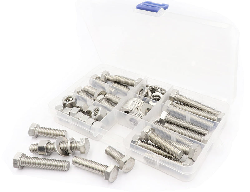 [Australia - AusPower] - LBY 60pcs Hex Bolts Nuts Flat Spring Washers Assortment Kit, 3/8-16 × (1" ~ 2") Hex Bolts, 5 Sizes (with Nuts and washers), 304 Stainless Steel (Silver) 