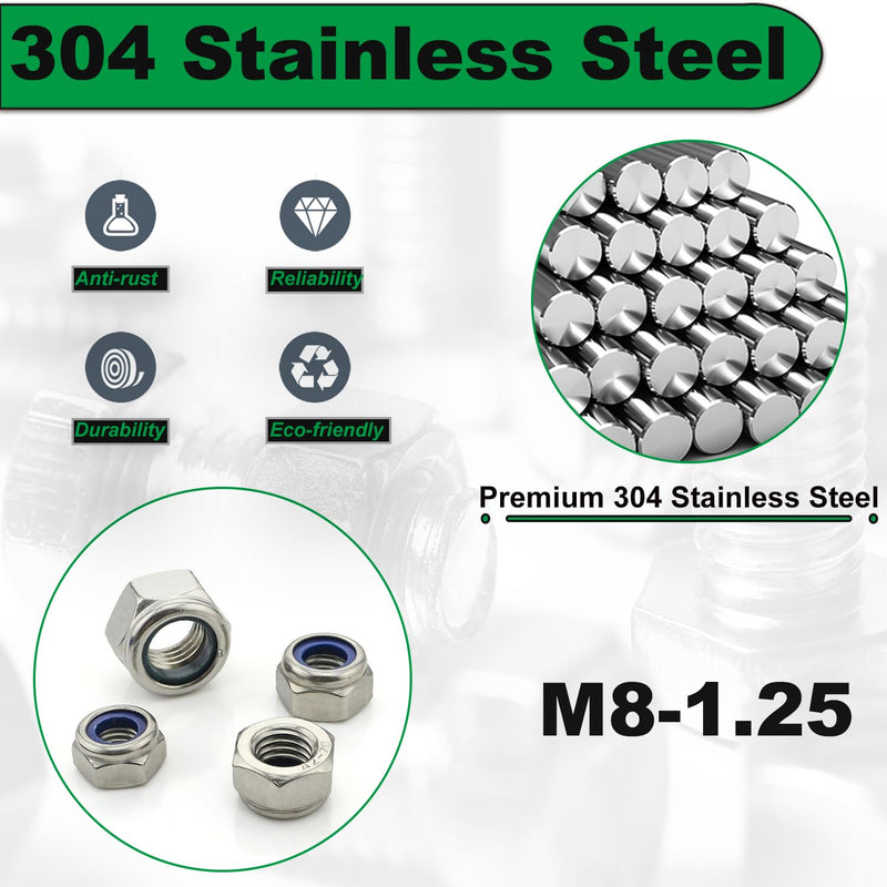[Australia - AusPower] - M8 1.25 Locknuts Metric Nylon Inserted Hex Lock Nuts Self-Lock Nylon Insert M8x1.25mm 304 Stainless Steel Self Locking 13mm Hex Nut Driver Nut Right Hand M8-1.25 20 Pcs M8-Stainless Steel 