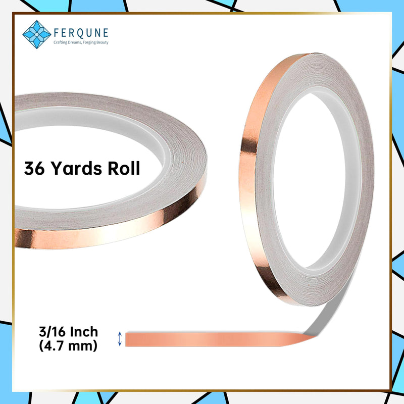 FERQUNE 3/16 Inch Black Backed Copper Foil Foil Tape for Stained Glass, 2 Rolls, 1 Burnisher