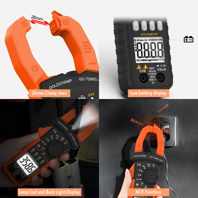 [Australia - AusPower] - Digital Clamp Meter with APP Bluetooth, 4nF~40mF Capacitance Meter, 400uA/4000uA DC Current, True RMS AC Clamp Meter, 400?~40M? Resistance Meter, NCV Function and Continuity Buzzer-GC-7200CAPP GC-7200C-APP(APP amp meter) 