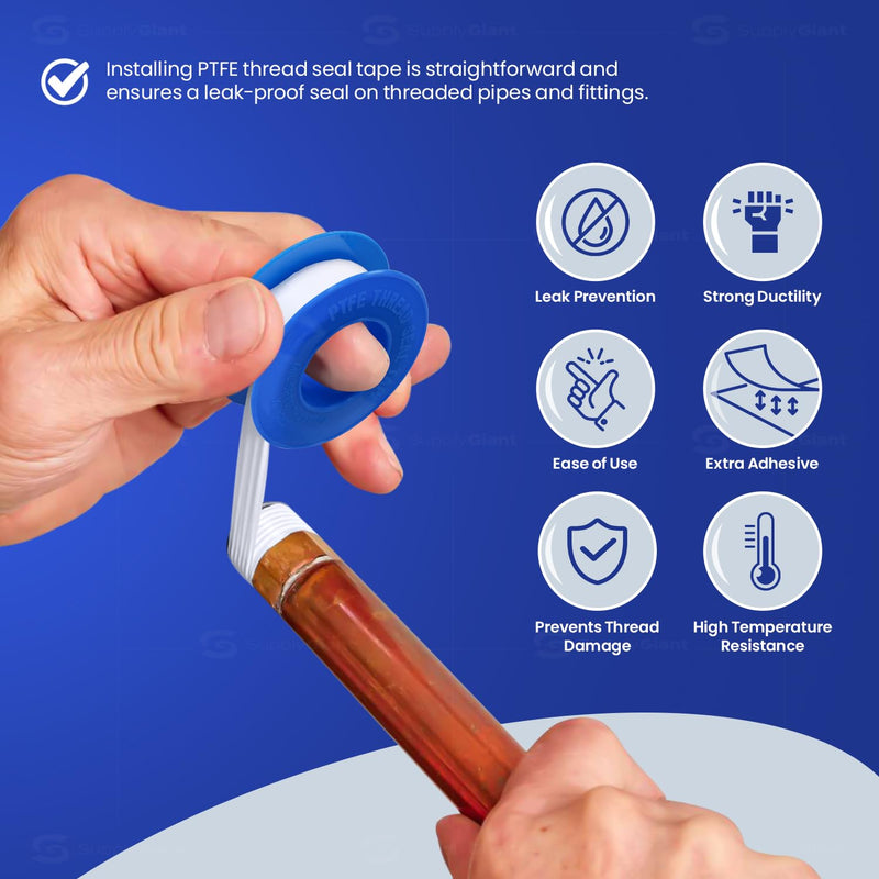 Supply Giant Plumbers PTFE Tape 3/4" W x 520" L 10 Rolls Pipe Thread Tape, High Density Thread Sealant Tape Water Seal Plumbing Tape for Shower Head, Pipes, Gas Lines, Leak Prevention 520" Pack of 10