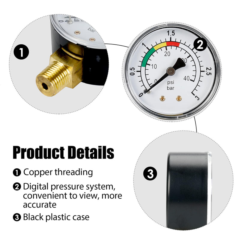 Pressure Gauge 0-3 Bar for Water, 1/4 Inch Connection, Precise Pressure Gauge for Pool Sand Filter System and Fish Pond, Water Pressure Gauge with Color Scale, Robust and Easy to Read