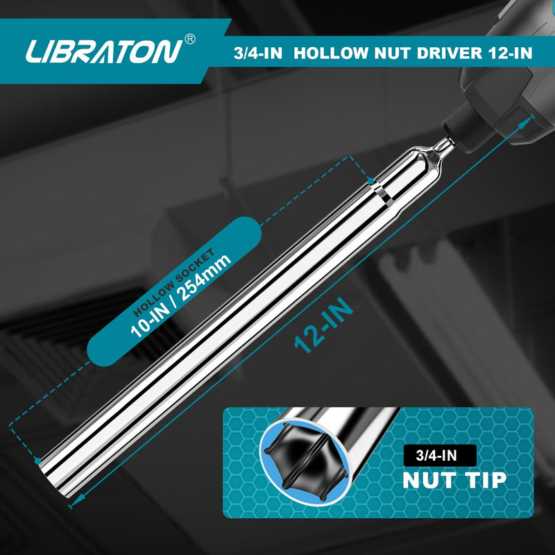 Libraton Hollow Nut Driver,Power Nut Driver Set 3/4",12 inch Long with 1/4" Hex Shank 12-inch long 3/4-inch