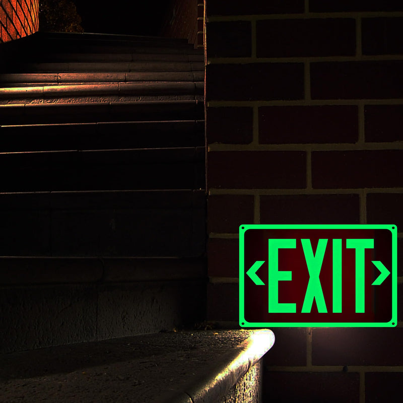 2Pack Photoluminescent Exit Sign Aluminum - 14x10 Inches Glow In Dark Exit Sign with Adhesive Backing - Removable Arrows Included - Non Electrical Red Exit Light For 50 Feet Visibility 14"X10"-2PACK