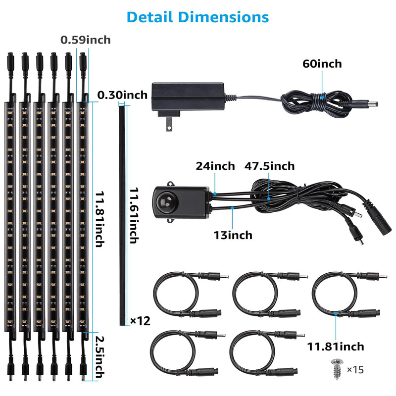 TORCHSTAR LED Safe Lighting Kit, (6) 12 Inch Linkable Light Bars + Motion Sensor + UL Power Adapter, 900LM, Input 100-240V, for Under Cabinet Gun Safe Locker Closet Showcase, 3000K Warm White Warm White (3000K)
