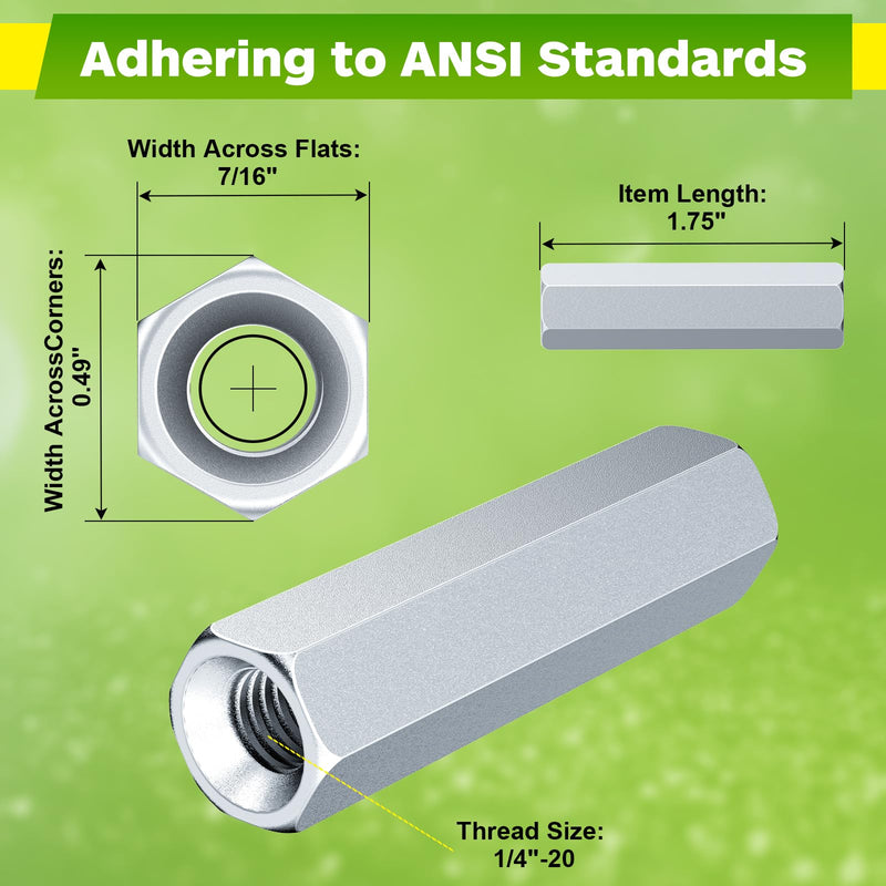 [Australia - AusPower] - Hex Coupling Nuts, Rod Coupling Nuts 1/4"-20 UNC, 1-3/4" Length (10 PCS), Ideal for Threaded Rods & Studs, 1.75-Inch Length with Zinc Plating (10 PCS) 10 